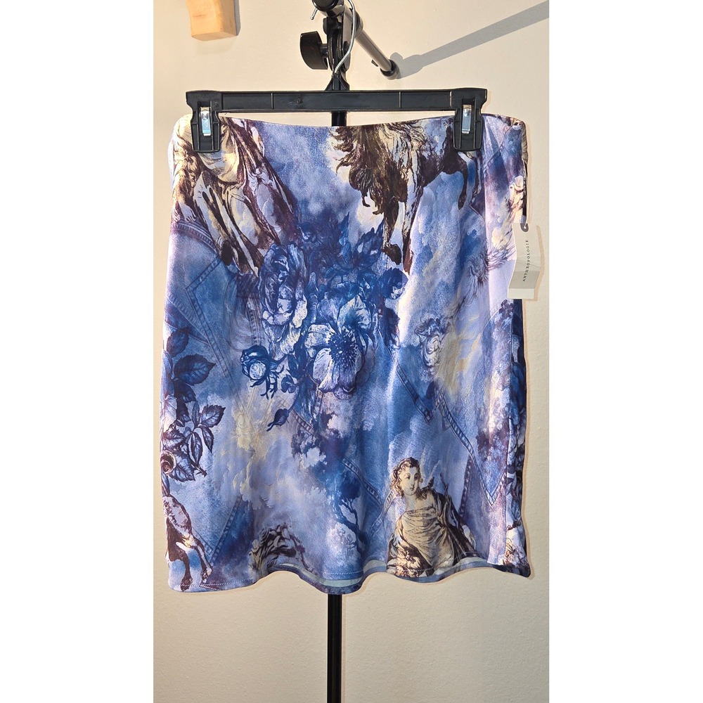 Anthropologie Blue Toile Renaissance Horse Print Satin Mini Skirt Large NWT